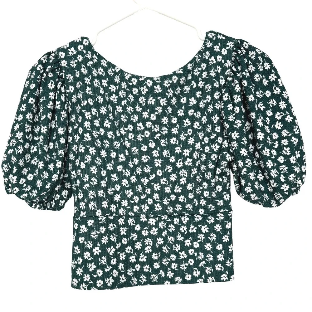 Free People Daisy Chain Top Forest Green Floral Puff Sleeve Square Neck XS